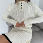 Women's Cable Knit Set with Polo Collar and A-Line Skirt