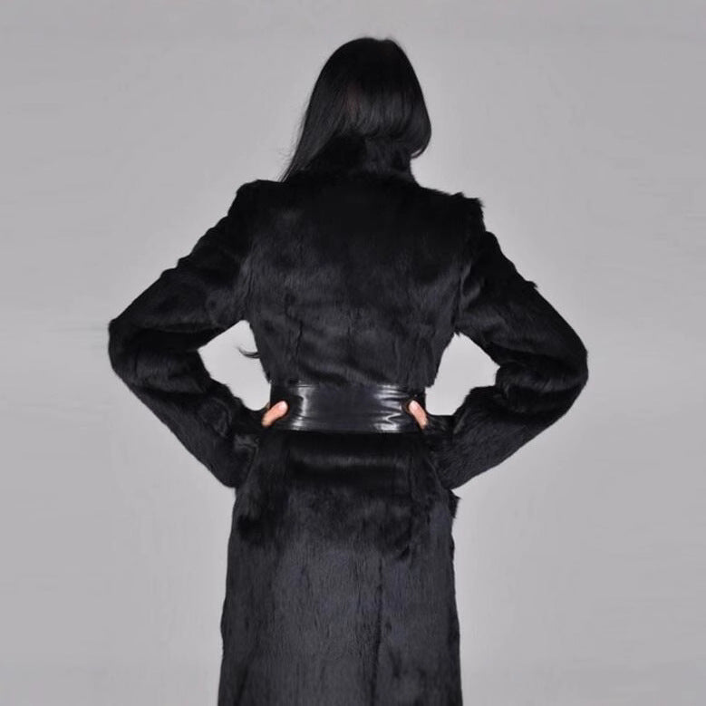Women's Elegant Faux Fur Coat with Wide Belt and Lapel Collar