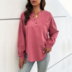 Long-Sleeve Button-Down Blouse with Chest Pocket