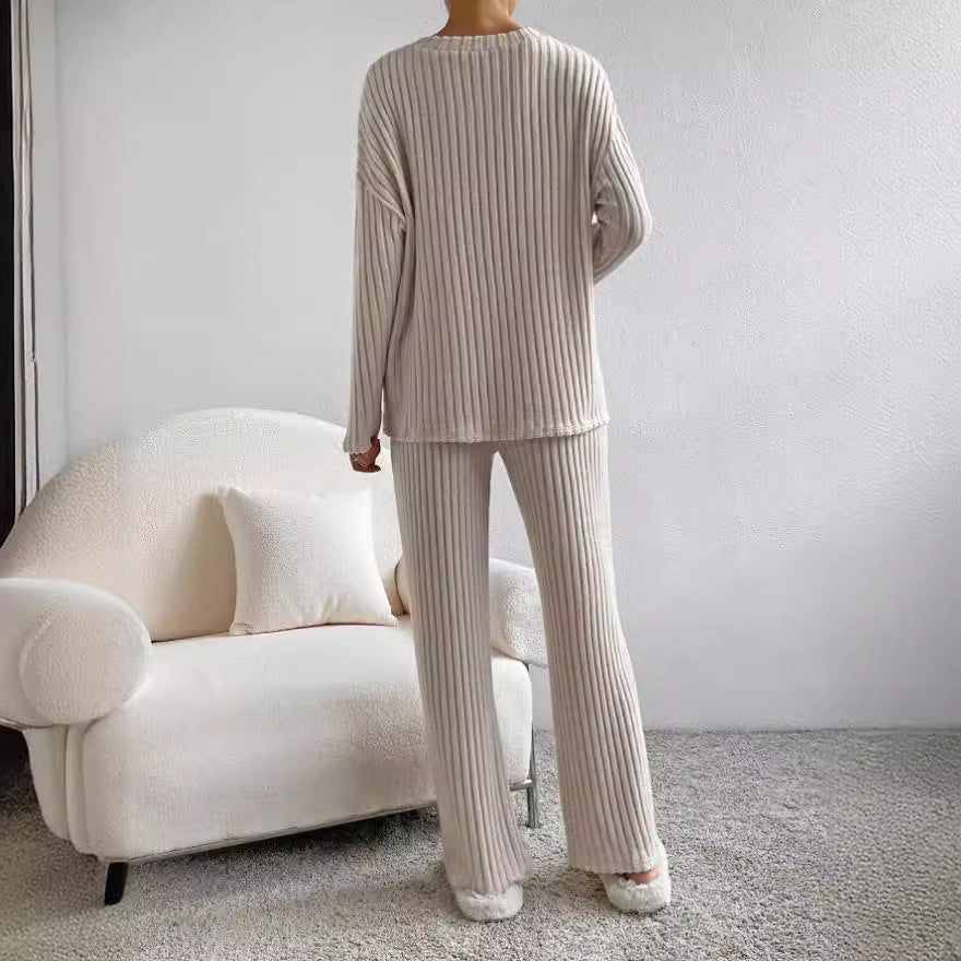 Women's Casual Ribbed Loungewear Set with V-Neck