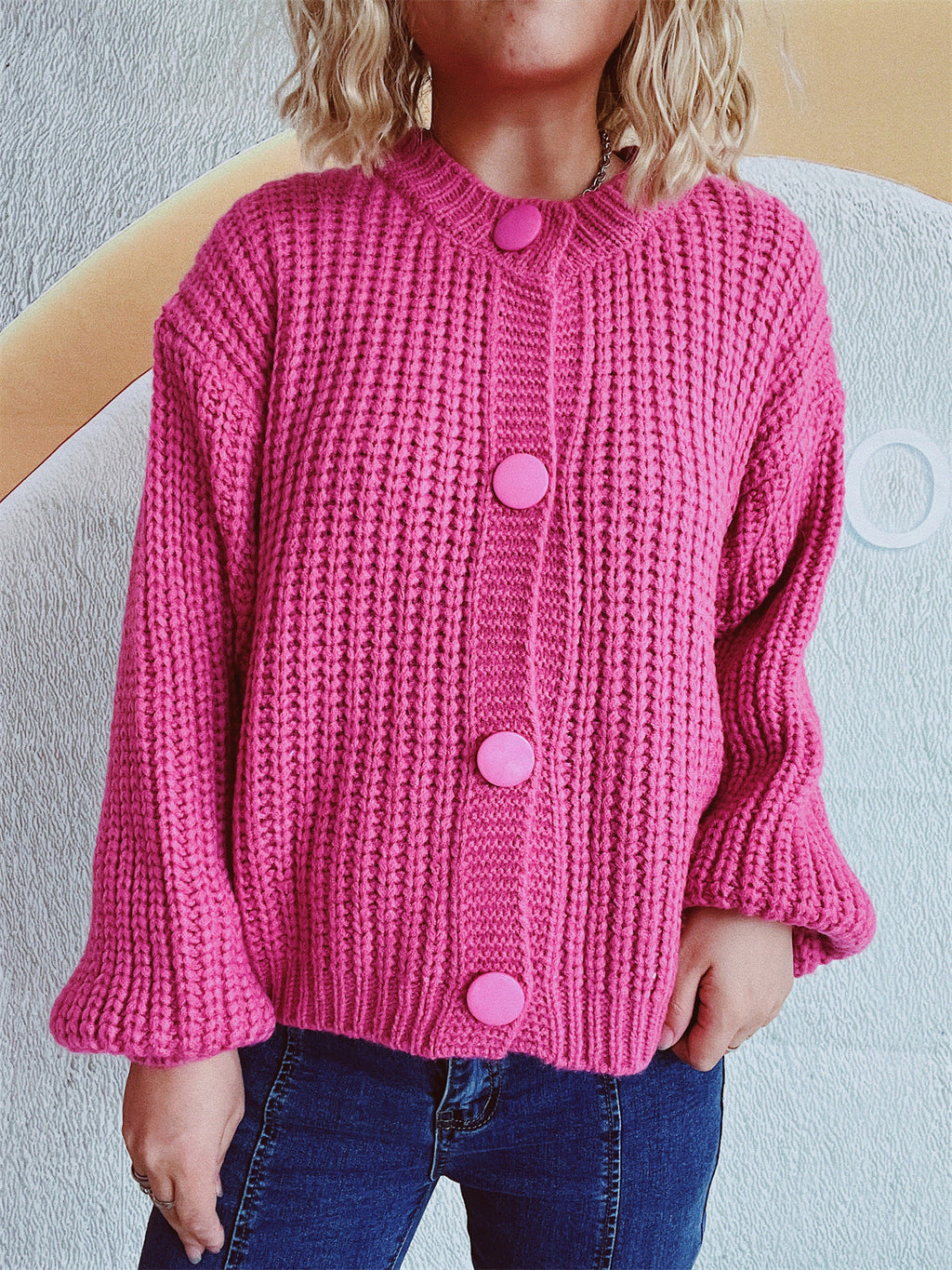 Women's Chunky Knit Cardigan with Balloon Sleeves and Decorative Buttons
