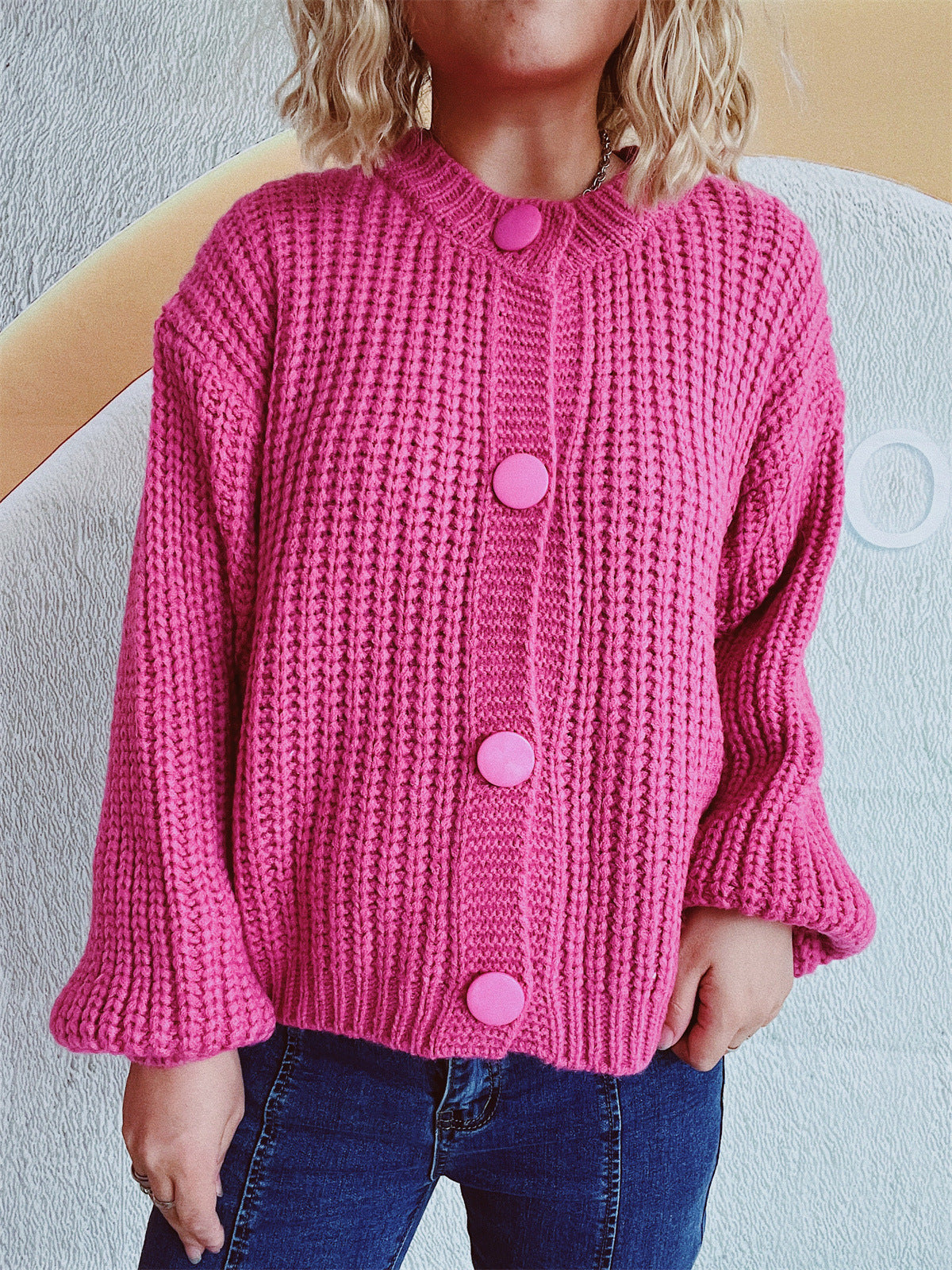 Women's Chunky Knit Cardigan with Balloon Sleeves and Decorative Buttons