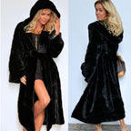 Women's Luxury Faux Fur Coat with Hood and Wide Belt