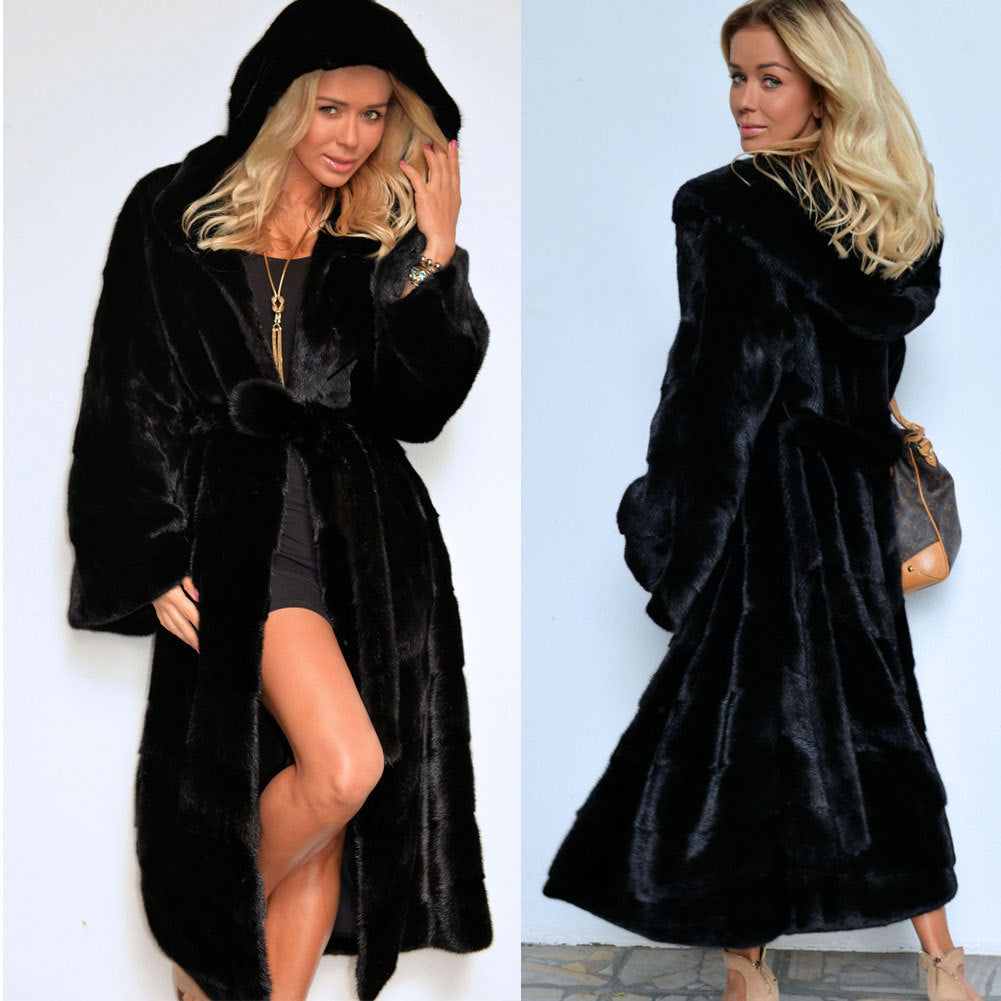 Women's Luxury Faux Fur Coat with Hood and Wide Belt