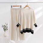 Women's Casual Knit Loungewear Set with Contrast Hem and Wide Cut