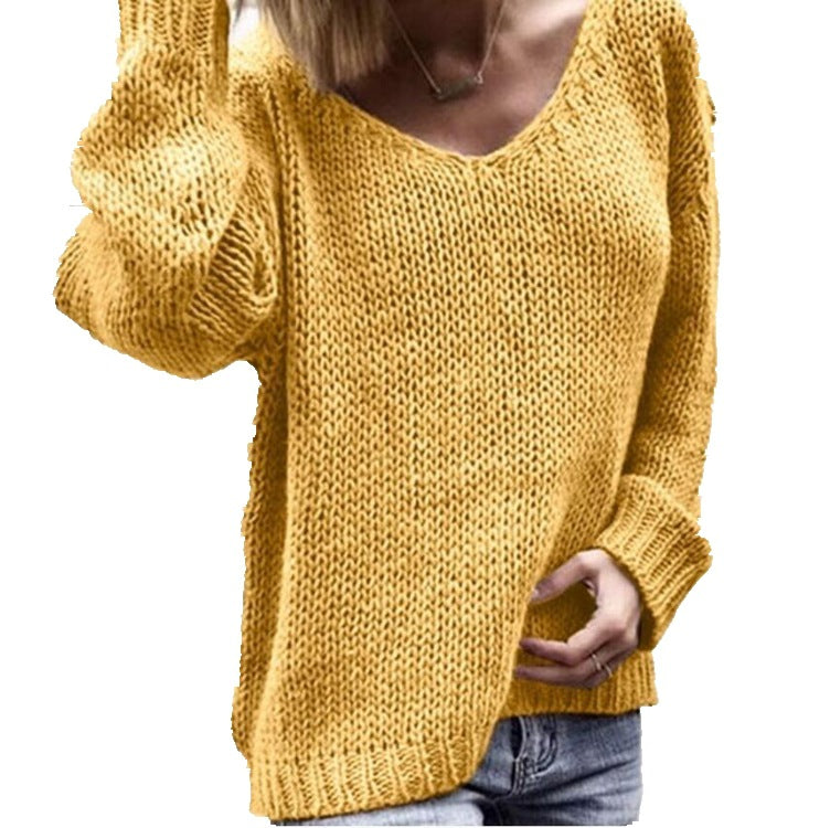 Women's Coarse V-Neck Sweater with Casual Cut and Textured Fabric