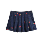 Women's Denim Skirt with Elaborate Embroidery and Pleated Design
