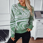 Women's Patterned Knit Pullover with Modern Wave Pattern and Round Neck