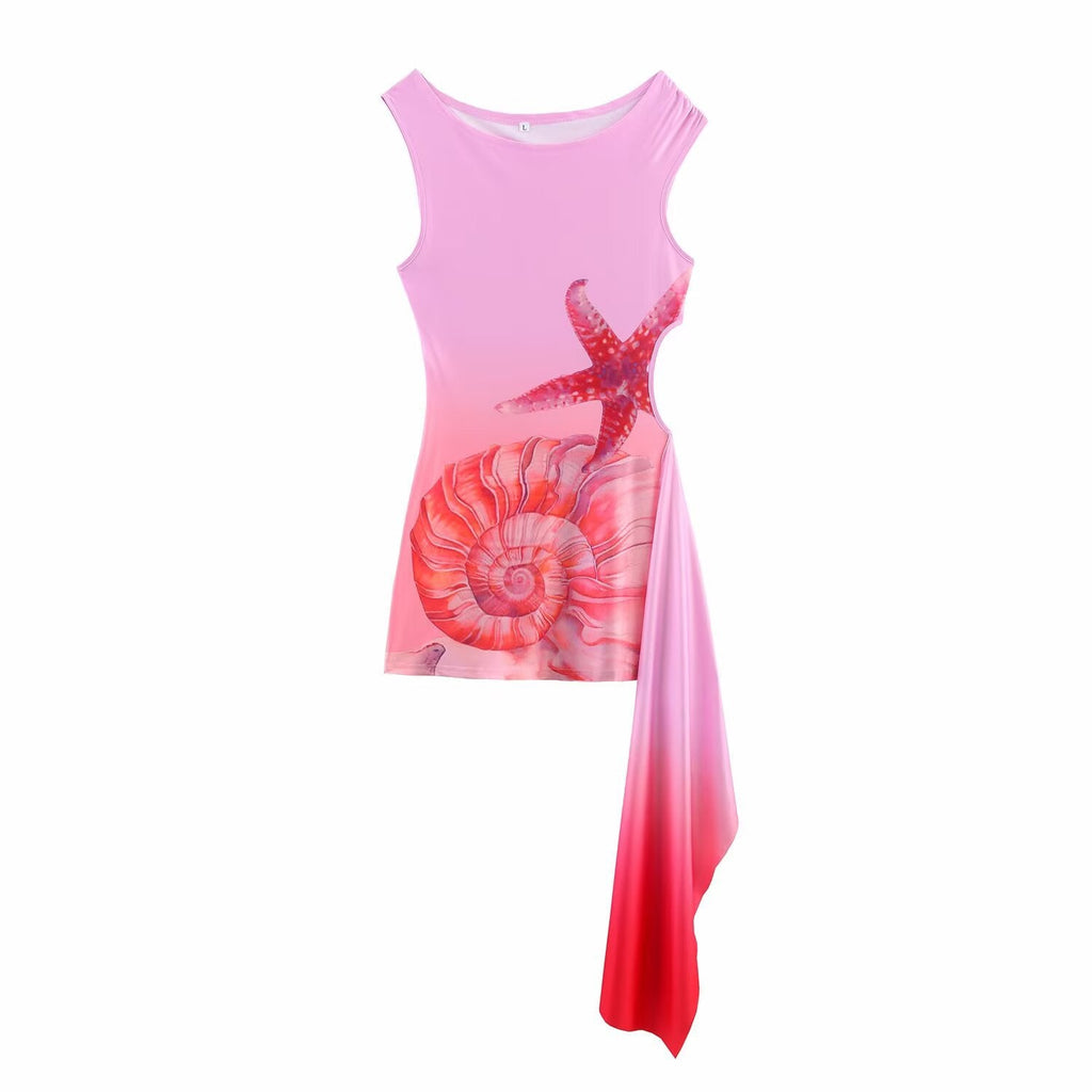 Women's Sleeveless Beach Dress with Maritime Motifs and Asymmetric Hem