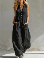 Women's Jumpsuit with Deep V-Neck and Pockets