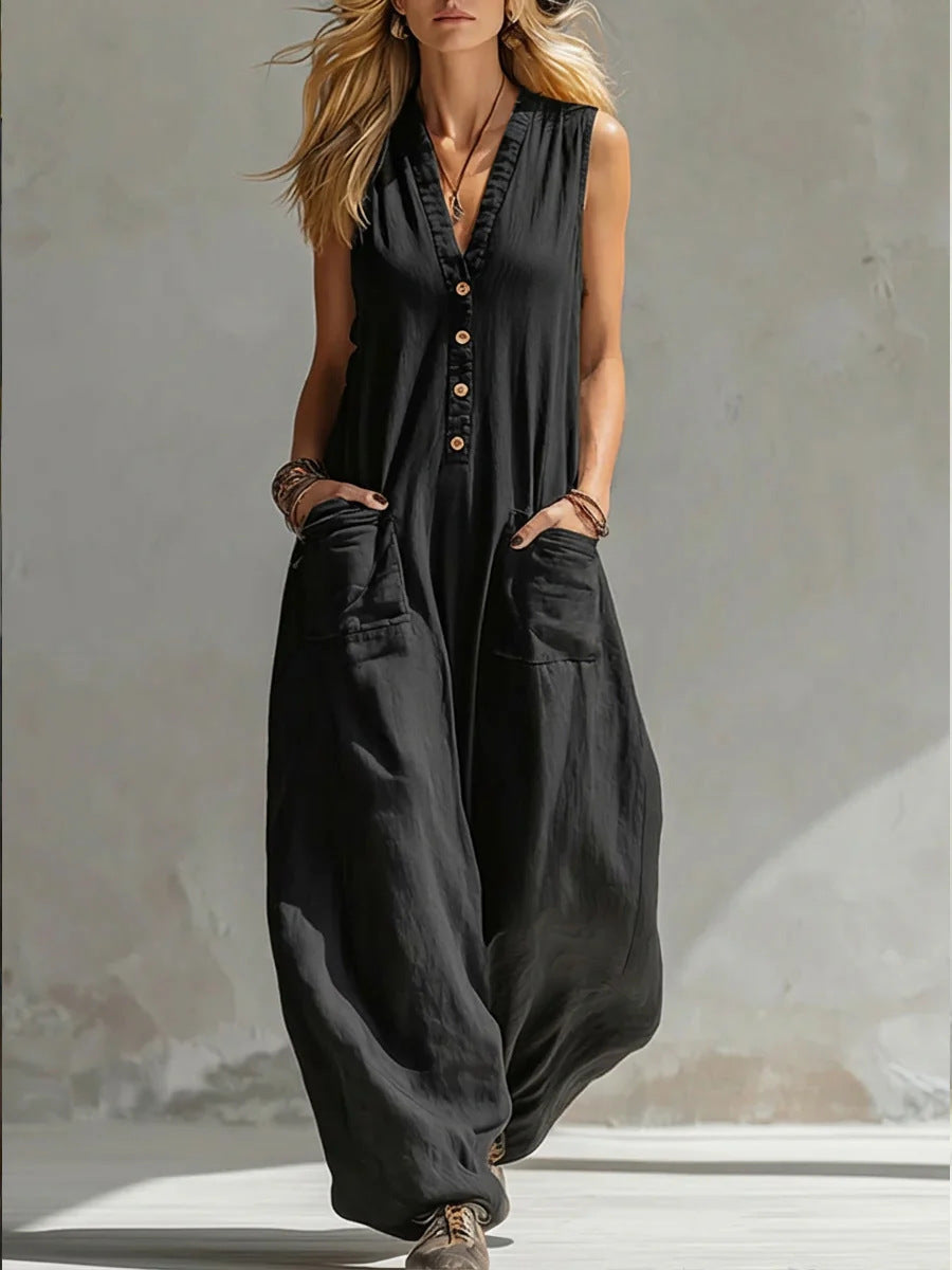 Women's Jumpsuit with Deep V-Neck and Pockets