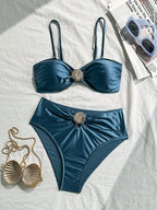 Women's Bandeau Bikini with Elegant Shell Detail and High-Leg Cut