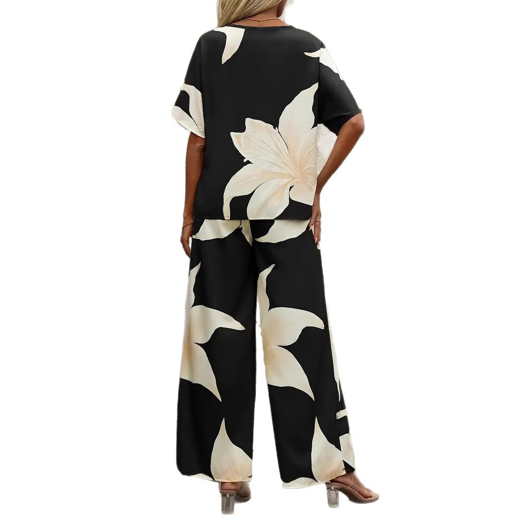 Women's Airy Two-Piece Set with Floral Design and Wide Cut