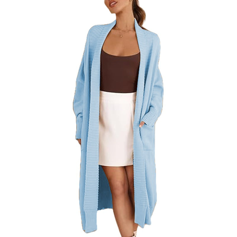 Women's Lightweight Knit Coat with Wide Sleeves and Pockets