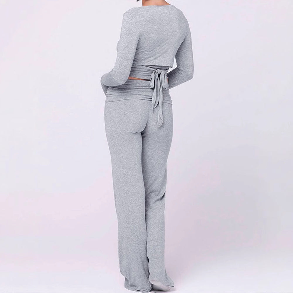 Women's Two-Piece Set with Wrap Top and Flare Pants