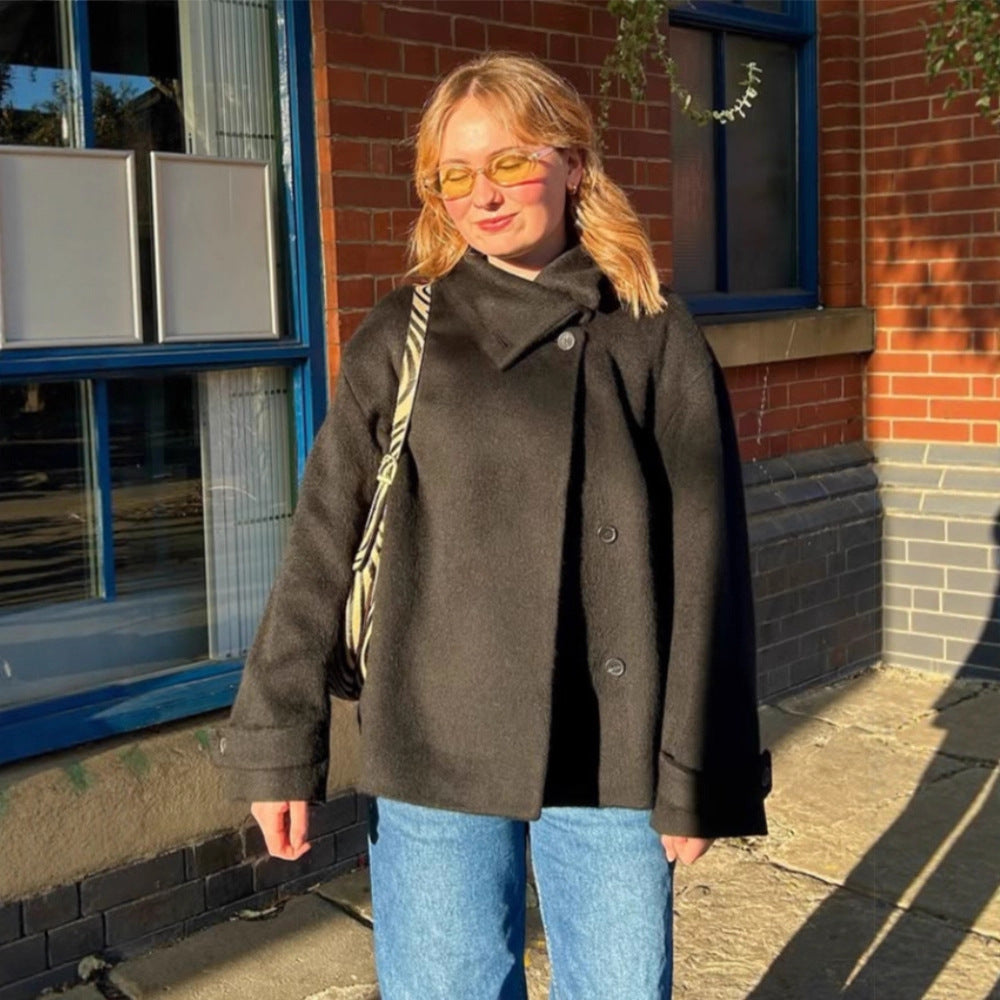 Women's Cozy Wool Jacket with High Collar and Button Details