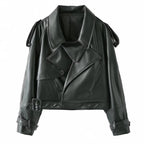 Women's Cool Cropped Faux Leather Jacket with Asymmetrical Collar