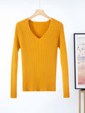 Women's Fine Knit V-Neck Ribbed Sweater