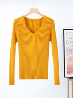 Women's Fine Knit V-Neck Ribbed Sweater