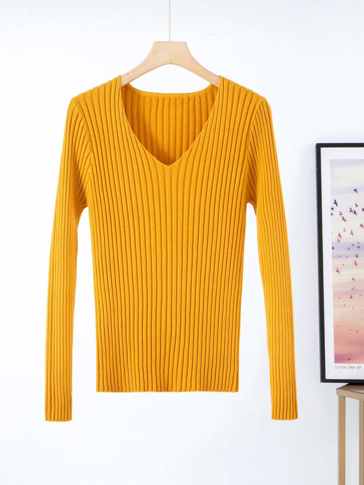Women's Fine Knit V-Neck Ribbed Sweater