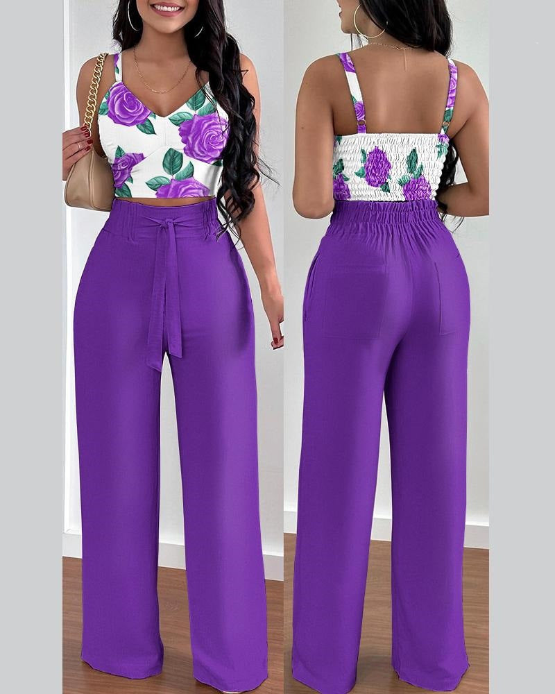 Women's Casual Floral Ruffled Top and Wide-Leg Pants Set