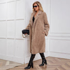 Women's Fluffy Long Faux Fur Coat with Deep V-Neck and Side Pockets