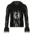 Women's Fashionable Patent Coat with Cozy Faux Fur Collar