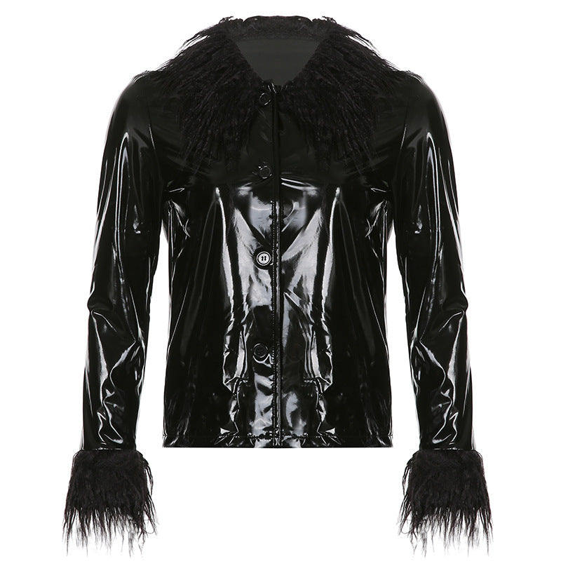 Women's Fashionable Patent Coat with Cozy Faux Fur Collar