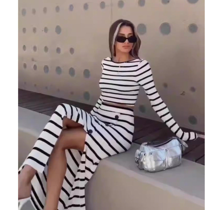 Striped Crop Top and Long Skirt Set