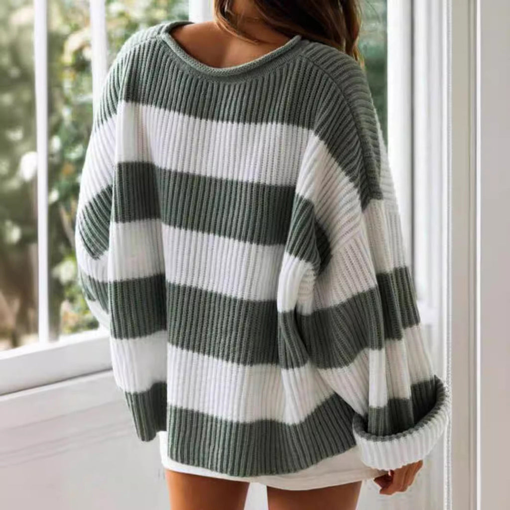 Women's Striped Knit Sweater with Wide Fit