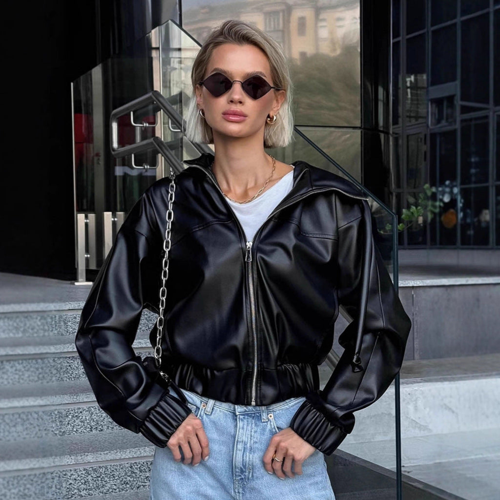 Women's Cropped Faux Leather Jacket with Contrasting Details and Elastic Hem