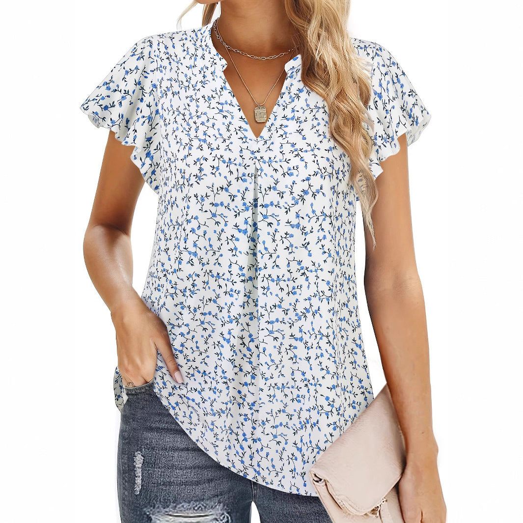 Women's Floral Print Blouse with Ruffled Sleeves