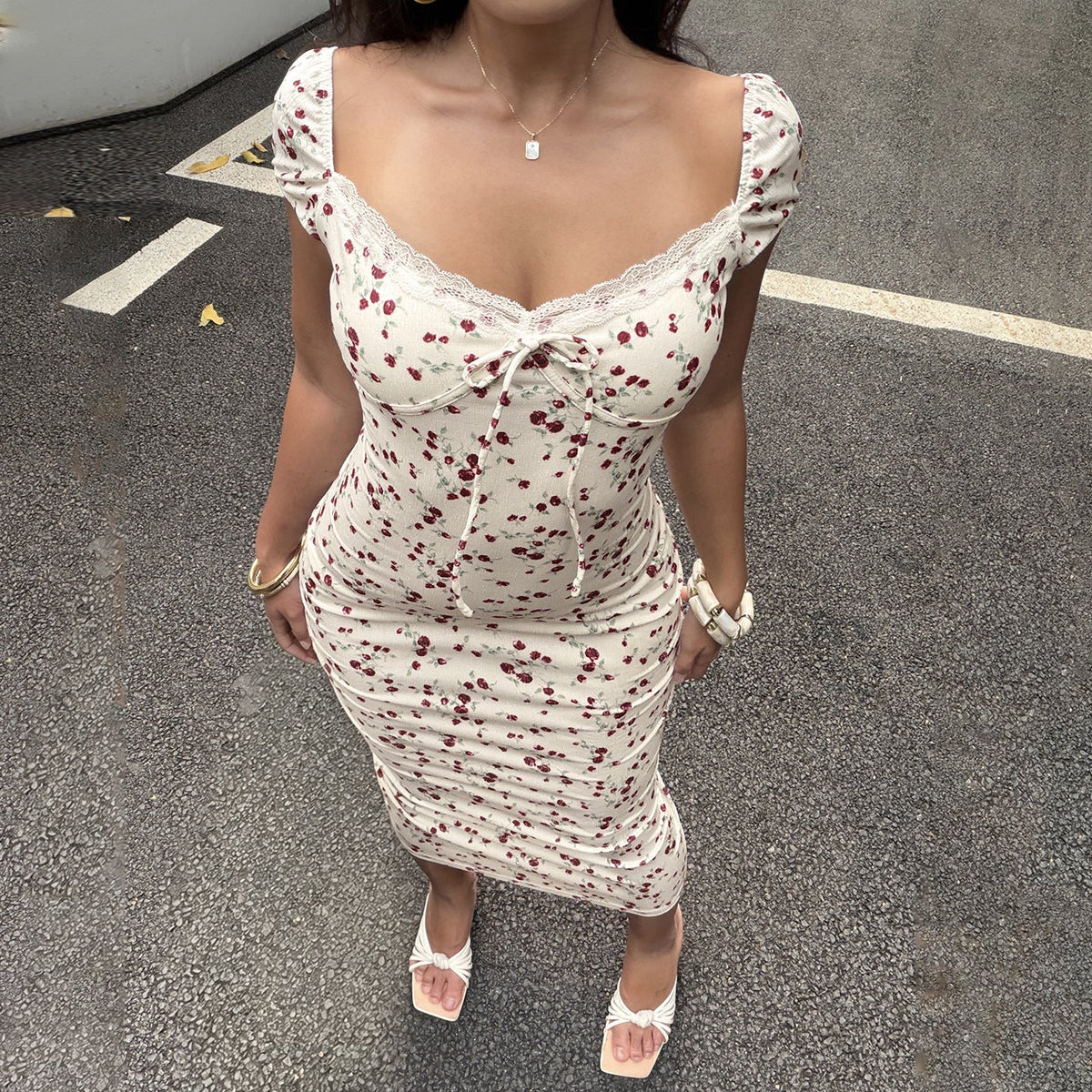 Women's Floral Dress with Playful Cut and Fine Lace Accents
