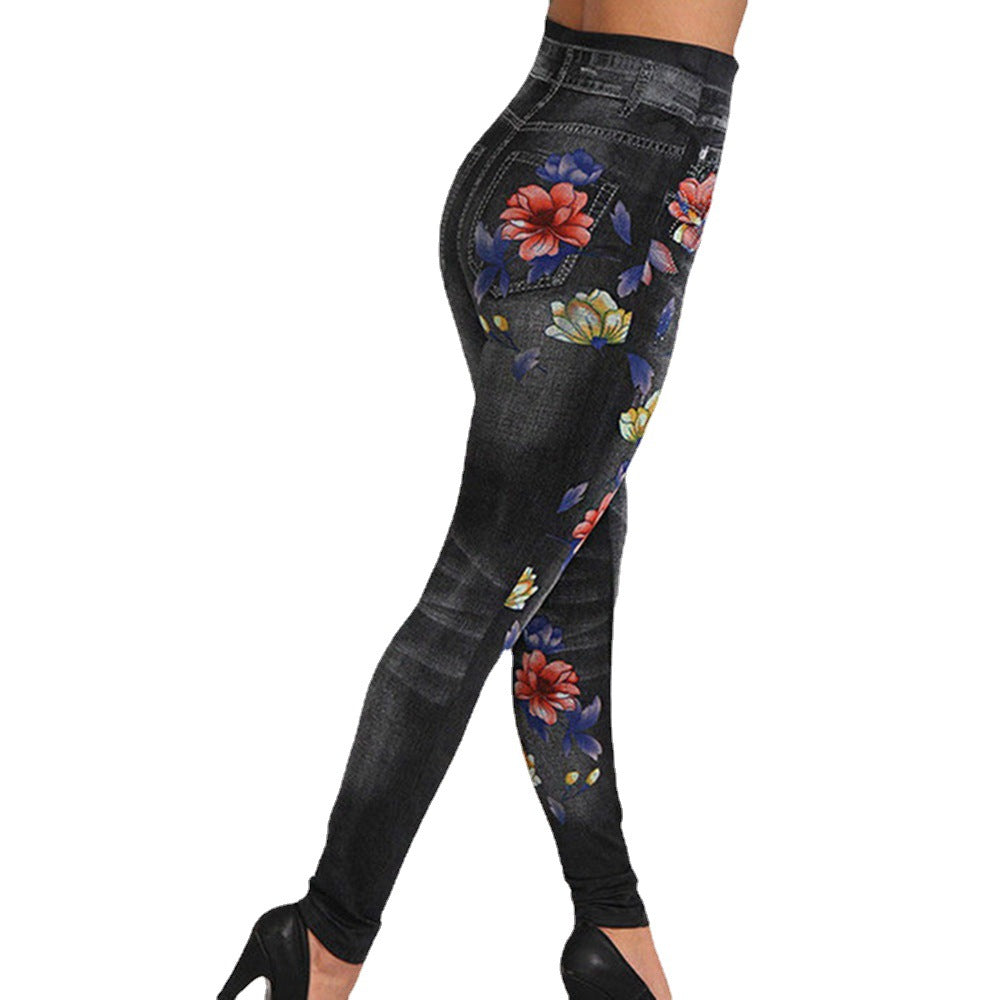 Women's High-Waisted Jeans-Look Leggings with Floral Motif