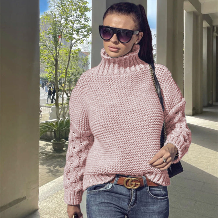 Women's Chunky Knit Sweater with High Collar and Textured Sleeves