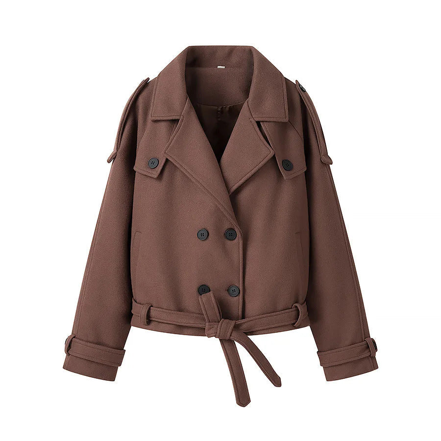 Women's Elegant Short Coat with Double-Breasted Buttons and Waist Belt