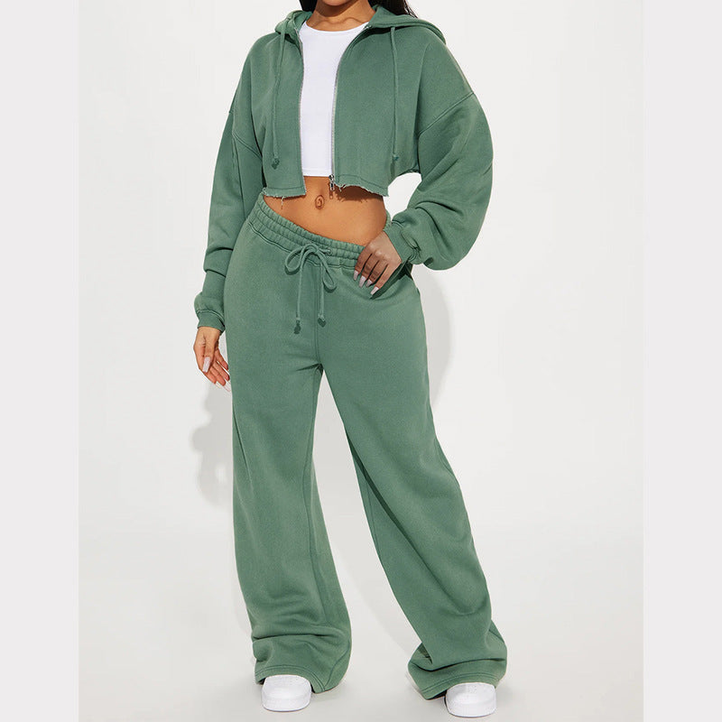 Women's Fleece Hooded Crop Top and Wide-Leg Jogger Lounge Set