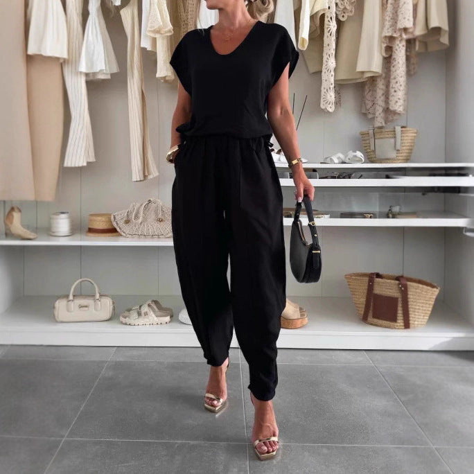 Women's Casual Jumpsuit with Elastic Waist and Pockets