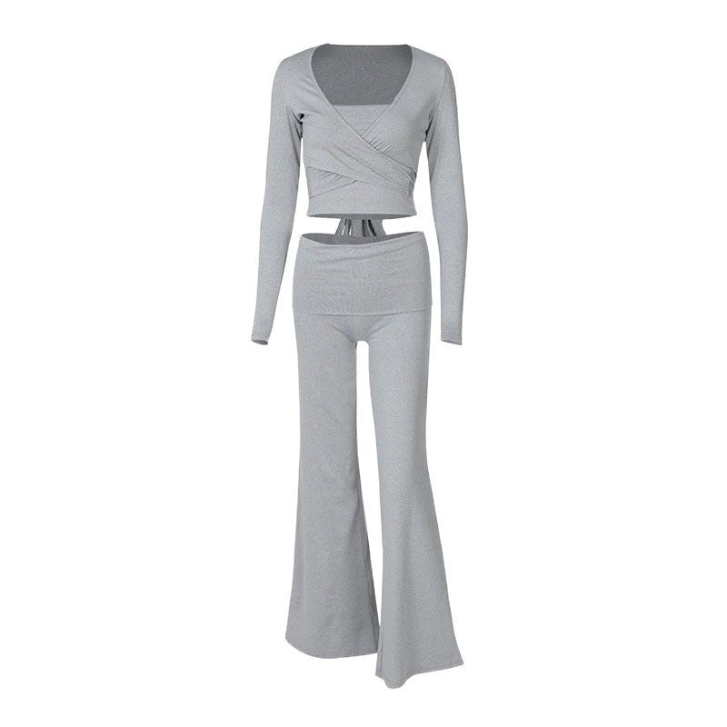 Women's Two-Piece Set with Wrap Top and Flare Pants