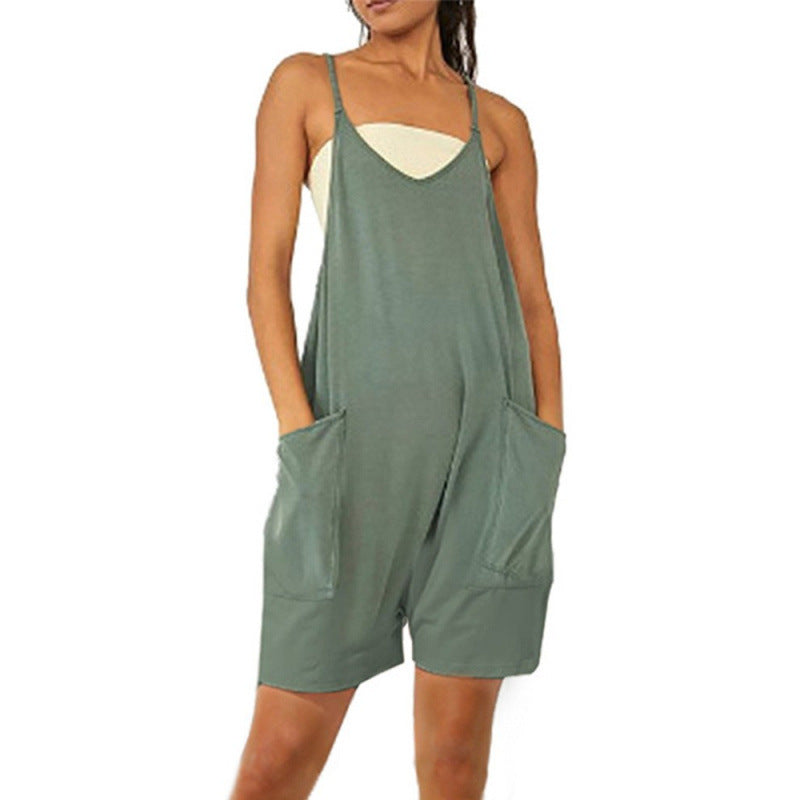 Women's Casual Jumpsuit with Deep Neckline and Practical Pockets