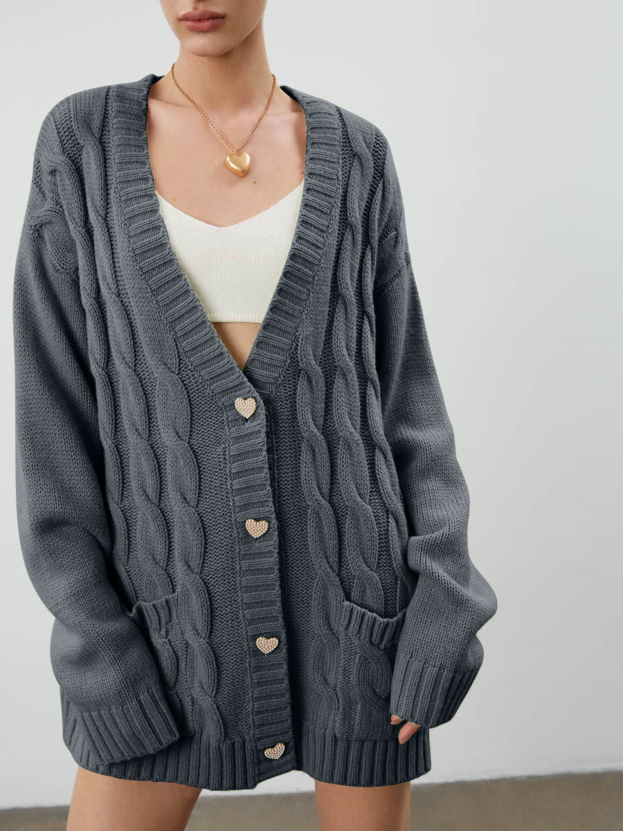 Women's Chunky Knit Cardigan with Heart-Shaped Buttons and Side Pockets
