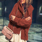 Women's Chunky Knit Cardigan with Plaid Pattern and Oversized Cut