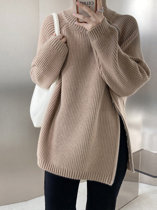Women's Flair Sweater with Asymmetric Cut and Stand-Up Collar