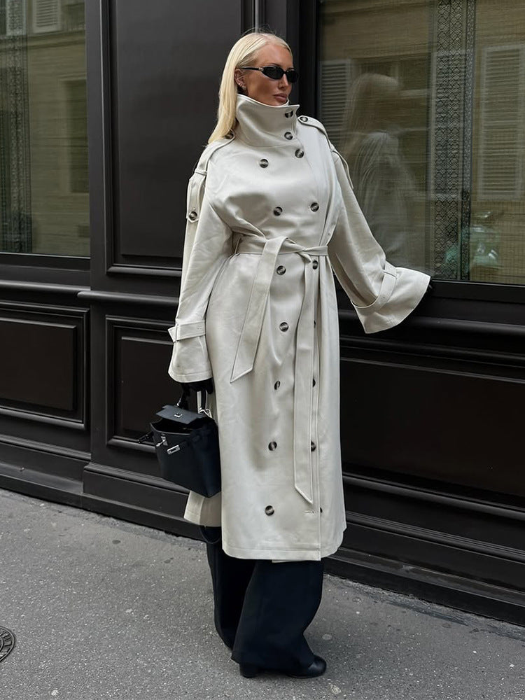 Elegant Coat with High Collar and Adjustable Belt