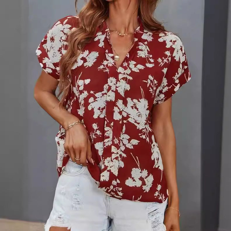 Casual Women's Floral Blouse with Short Button Placket