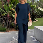 Elegant Ensemble with Flowing Top and Wide-Leg Trousers