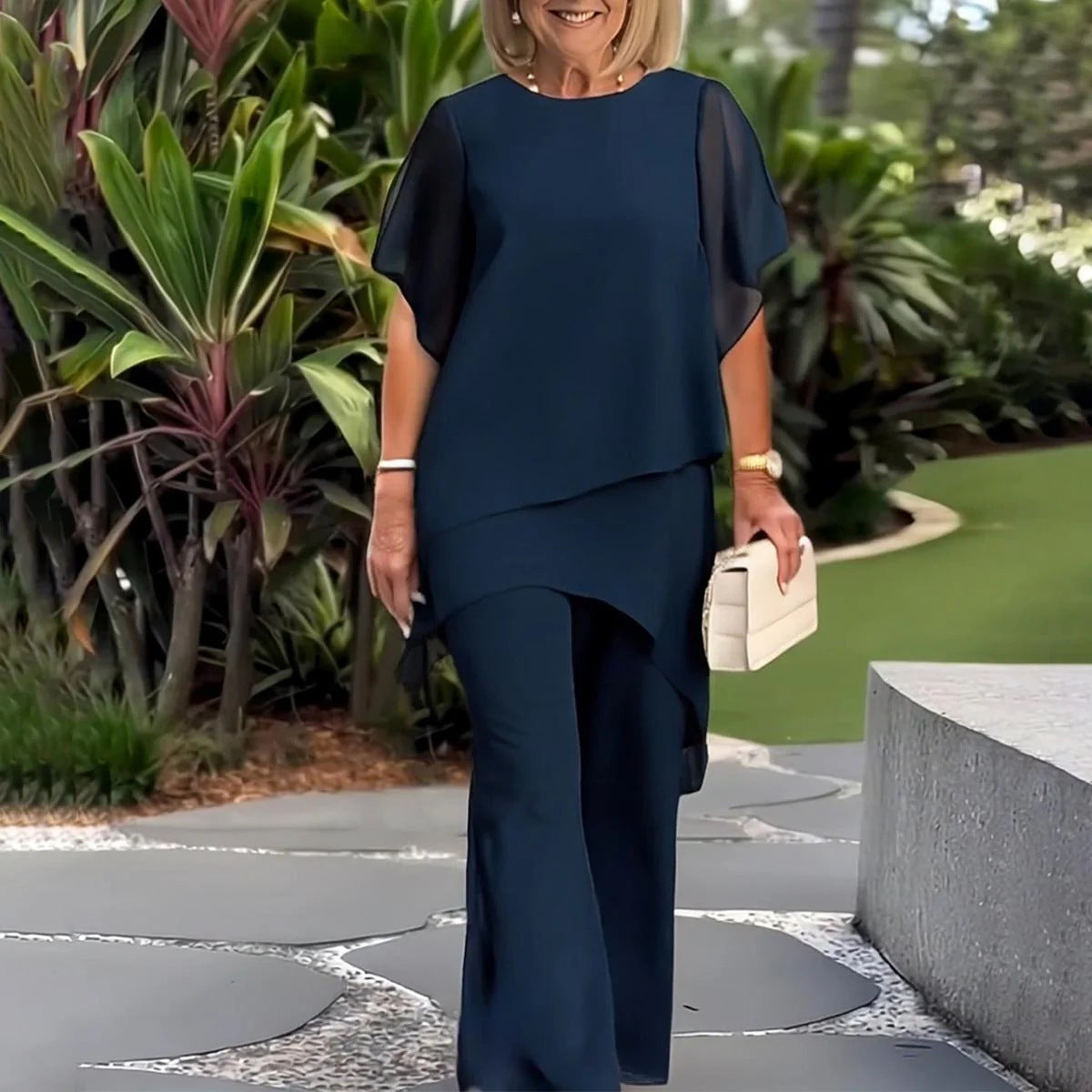 Elegant Ensemble with Flowing Top and Wide-Leg Trousers