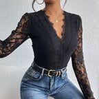 Women's Bodysuit with Romantic Lace and Deep V-Neck