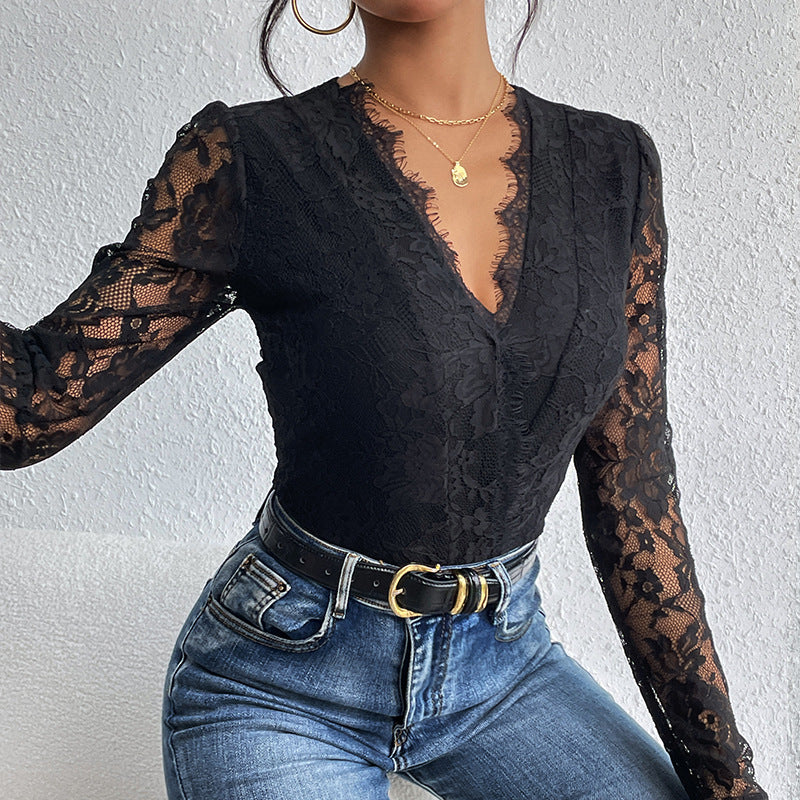 Women's Bodysuit with Romantic Lace and Deep V-Neck