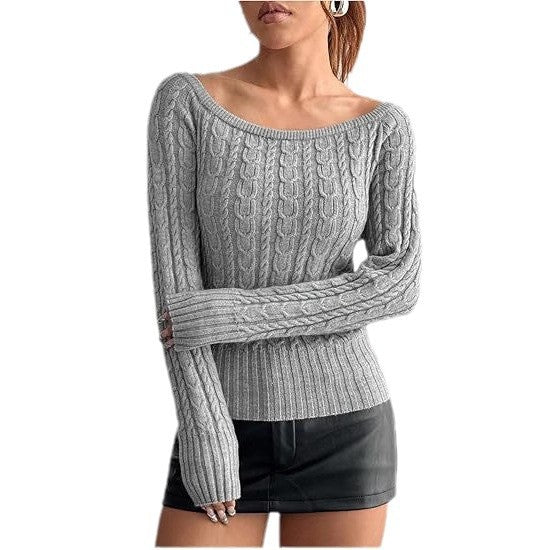 Women's Chunky Knit Sweater with Open Shoulder and Cable Knit Pattern